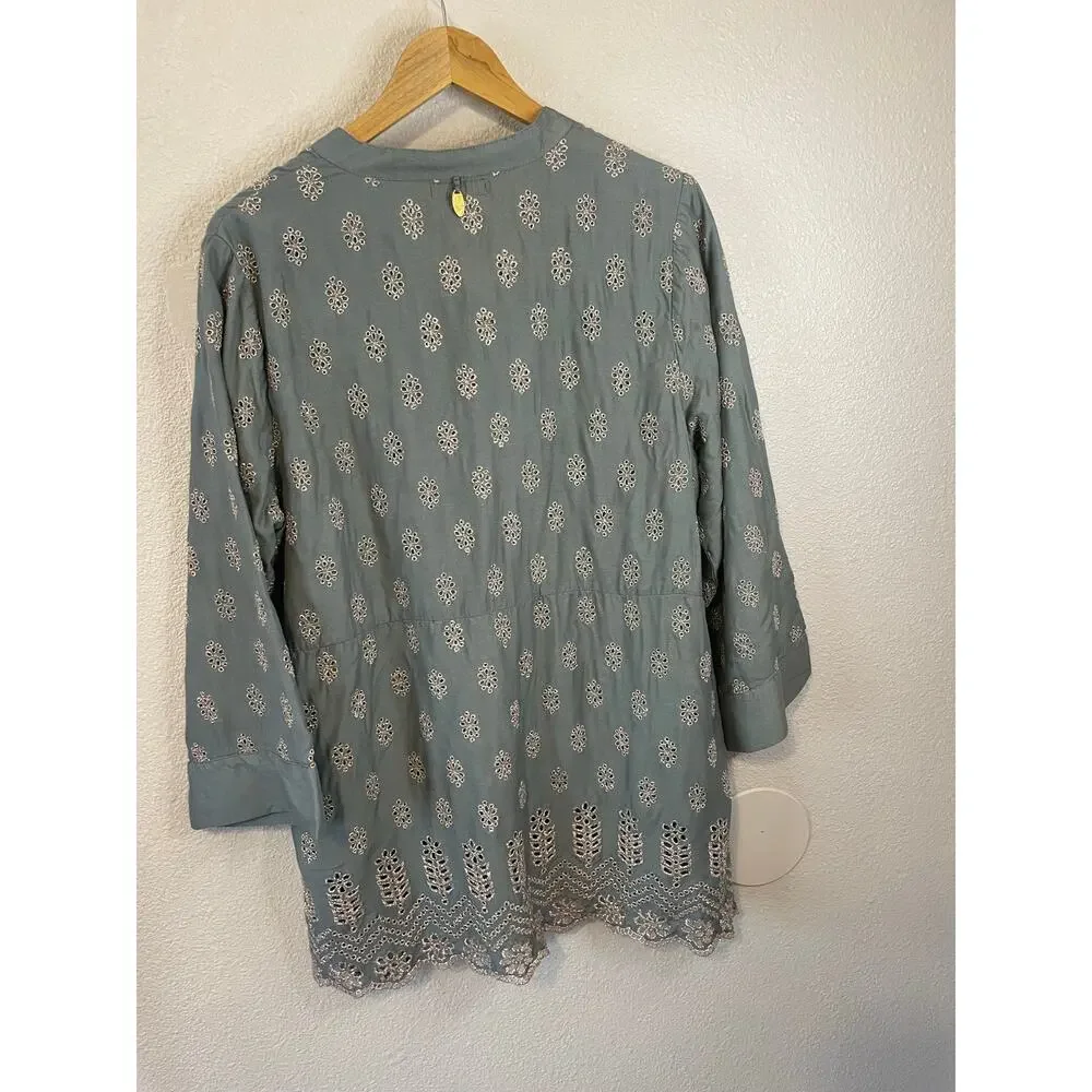 Ruby Yaya Boho Festival Style Green W/ Metallic Eyelet Long Sleeve Tunic XL - Picture 3 of 16